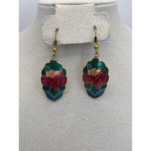 Vintage Gold Tone Cloisonne Floral Dangle Earrings Green with Peach and Blue